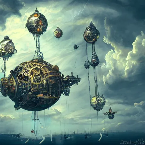 Image similar to flying city in a mechanical flower, clouds, sky, fantasy art, steampunk, masterpiece