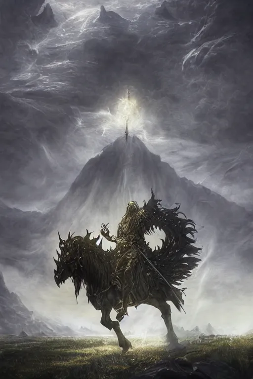 Image similar to an ultra detailed 3 d render of king richard the lionhearted as an elden ring boss, epic anime fantasy, 8 k, in the style of a fantasy metal album cover and magic the gathering, volumetric lighting, smooth, highly detailed, digital illustration, octane render, art by albert bierstadt and greg rutkowsi, artstation