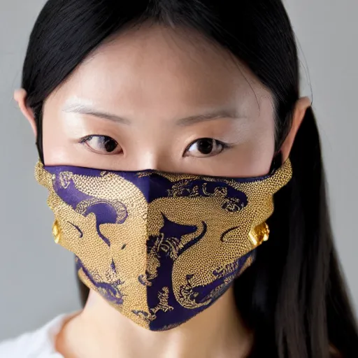 Image similar to japanese female balaclava face mask with golden necklace and kimono, photo portrait, beautiful female model