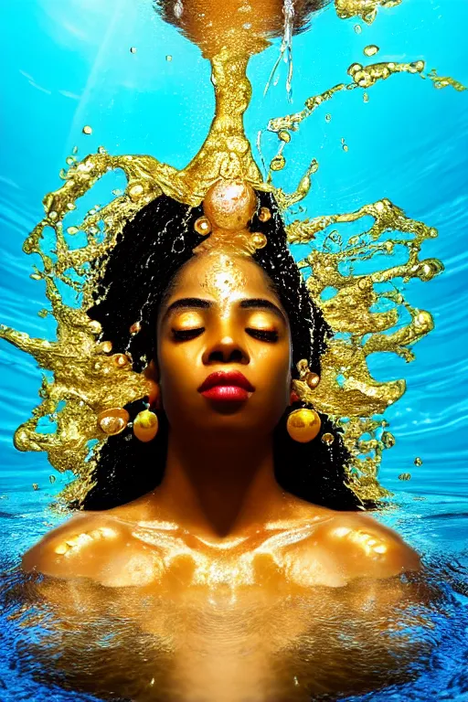 Image similar to hyperrealistic neo - pop cinematic super expressive! oshun goddess immersed in water!, mirror dripping droplet, gold ornate jewely, highly detailed face, digital art masterpiece, smooth eric zener cam de leon, dramatic pearlescent turquoise light on one side, low angle uhd 8 k, shallow depth of field