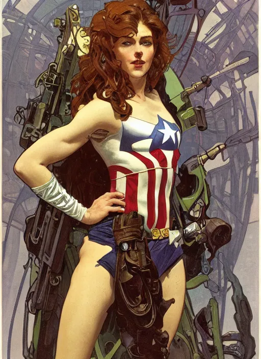 Prompt: slim young woman with a mischievous face and long aubrun wavy hair dressed as superhero in her early twenties, posing with arms tucked behind back, captain america, tight fit, curvaceous, intricate detailed face, amply proportioned, shiny, greg rutkowski, alphonse mucha