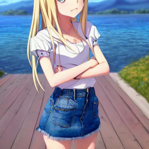 Prompt: a very beautiful anime girl, full body, long golden hair, sky blue eyes, full round face,cute face, short smile, mini jeans skirt, cute top, summer lake setting, cinematic lighting, medium shot, mid-shot, highly detailed, trending on Artstation, Unreal Engine 4k, cinematic wallpaper by Stanley Artgerm Lau, WLOP, Rossdraws, James Jean, Andrei Riabovitchev, Marc Simonetti, and Sakimichan