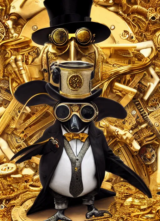 Prompt: athropomorphized rich penguin capitalist sitting on pile of gold, wearing steampunk top hat, goggles, drinking tea, concept art, insanely detailed and intricate, hypermaximalist, elegant, ornate, hyper realistic, super detailed, art deco, cinematic, trending on artstation, magic the gathering artwork, centered