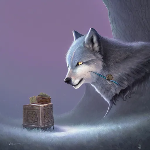 Prompt: Wolf as a mage, artwork by Gediminas Pranckevicius,