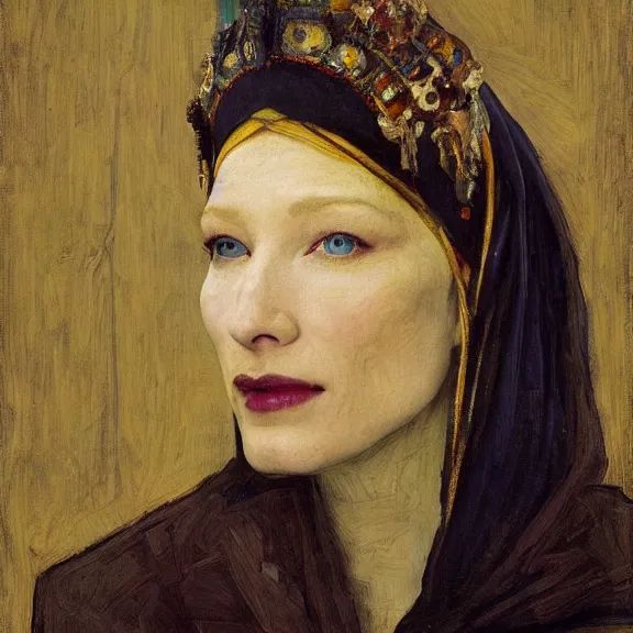 Image similar to cate blanchett by Annie Swynnerton and Nicholas Roerich and Vermeer, strong dramatic cinematic lighting , ornate headdress , lost civilizations, smooth, sharp focus, extremely detailed