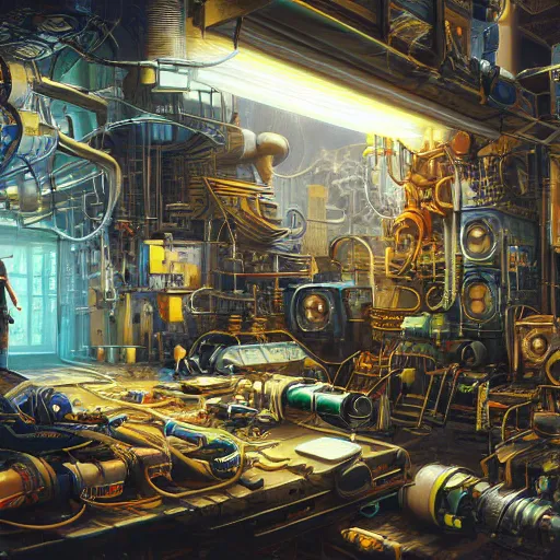 Image similar to fusion reactor in a cyberpunk tinkerer's workshop cryengine render by android jones, james christensen, rob gonsalves, and tim white