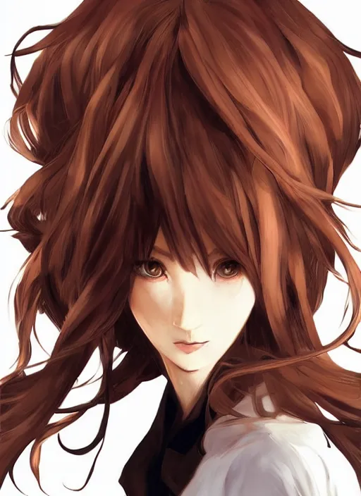 Image similar to portrait illustration by shigenori soejima, beautiful foxgorl, focus on face, pretty, cinematic lighting, painterly, long wavy orange hair, light brown trenchcoat