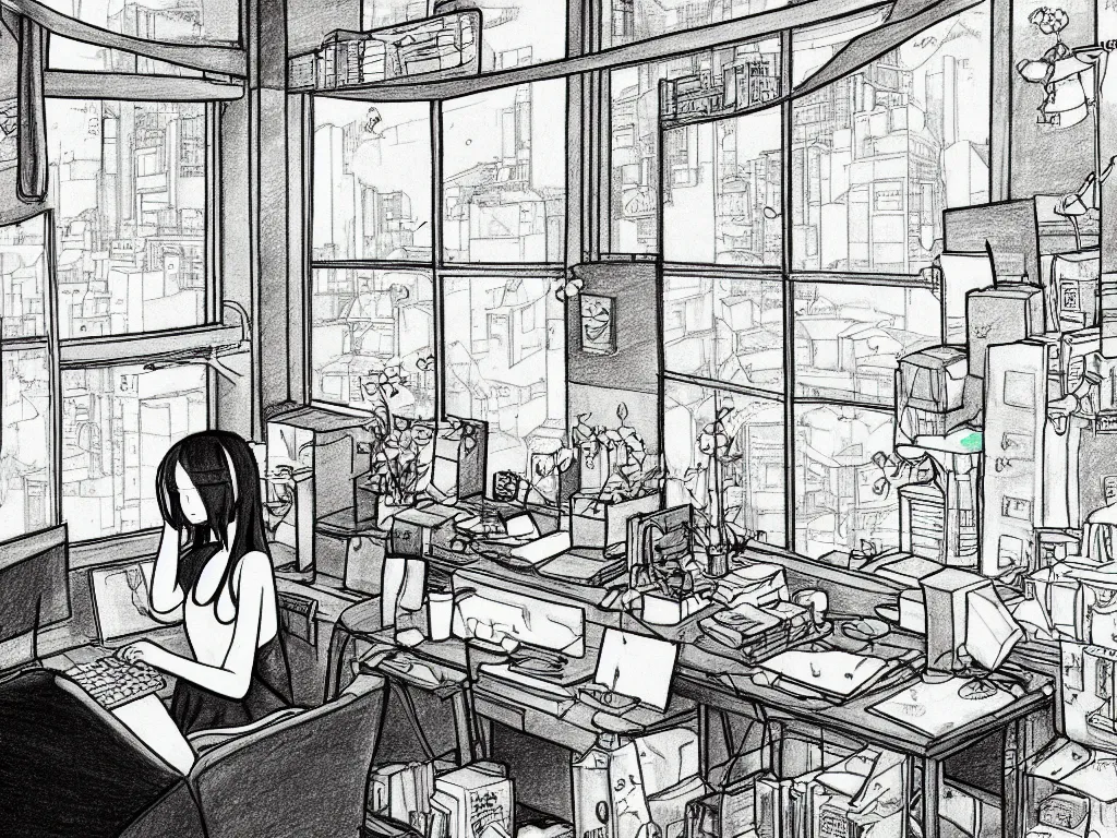 Prompt: beautiful drawing of a lonely female in her studio apartment sitting at her computer desk which is in front of a window which looks out to a futuristic city at night, japan, anime manga style, illustration, in the style of ghibli and hayao miyazaki and satoshi kon and shinichiro watanabe and makoto shinkai