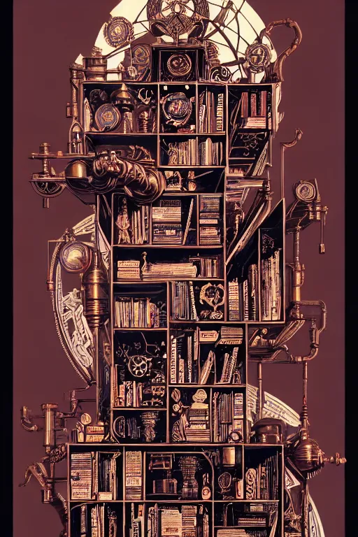 Image similar to a majestic steampunk alchemists bookshelf, two point perspective, furniture, high details, bold line art, by vincent di fate and joe fenton, inking, etching, screen print, masterpiece, trending on artstation, sharp, high contrast, hyper - detailed,, hd, 4 k, 8 k