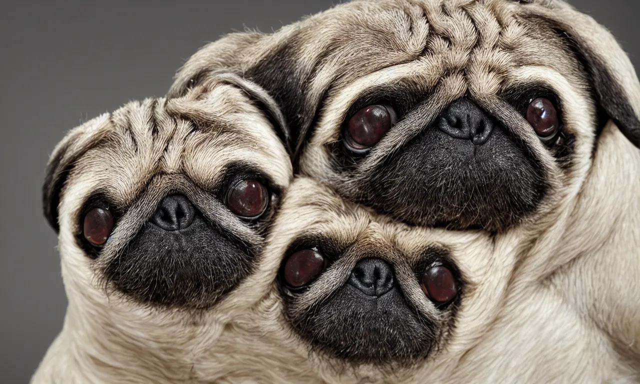 Image similar to pug sloth hybrid, chymera, in laboratory panoramic, wide depth of field, 8 k