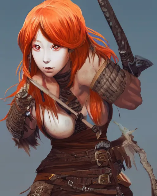 Image similar to An anime portrait of Ssunbiki as a ginger huntress with freckles from Skyrim, by Stanley Artgerm Lau, WLOP, Rossdraws, James Jean, Andrei Riabovitchev, Marc Simonetti, and Sakimichan, tranding on artstation, ultra realistic