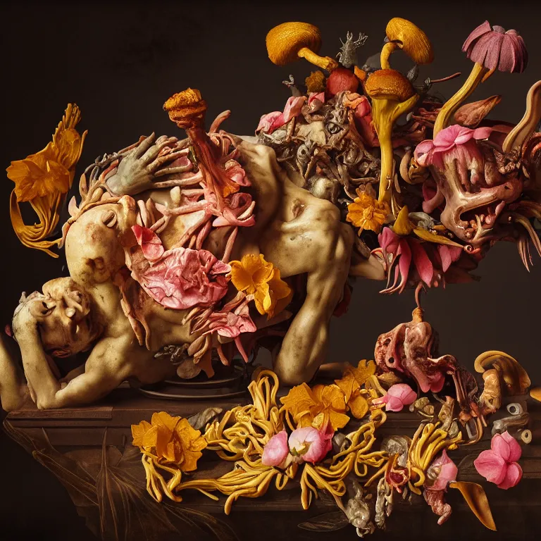 Image similar to still life of rotten flesh, beautiful tropical flowers, human spine, colorful mold, baroque painting, beautiful detailed intricate insanely detailed octane render, 8K artistic photography, photorealistic, chiaroscuro, Raphael, Caravaggio