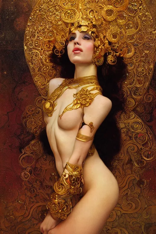 Image similar to an intricate artistic pose painting of a beautiful young goddess with an artistic sensual pose with klimt golden motives and textures, hyper detailed, ornamental gold headpiece, octane render, vivid colors, artstation, by jeremy mann, by alphonse mucha, by boris vallejo