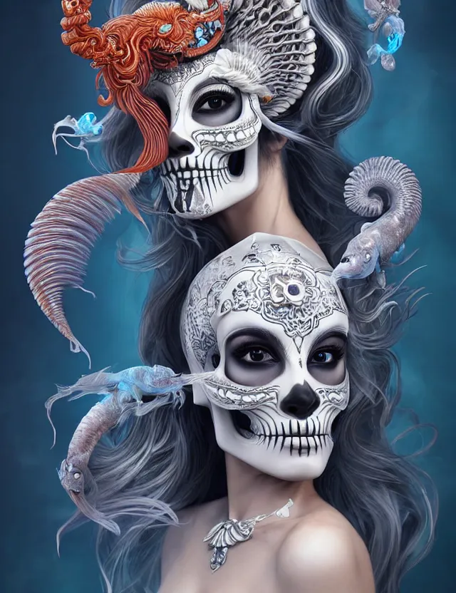 Image similar to 3 d goddess skull half - turn portrait with long hair with ram skull. beautiful intricately detailed japanese crow kitsune mask and clasical japanese kimono. betta fish, jellyfish phoenix, bio luminescent, plasma, ice, water, wind, creature, artwork by tooth wu and wlop and beeple and greg rutkowski