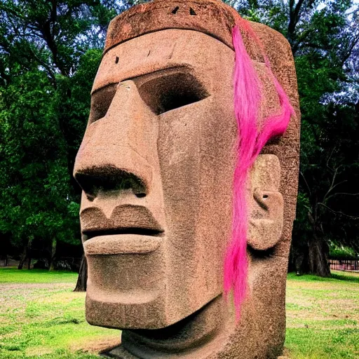 Image similar to moai head with pink hair