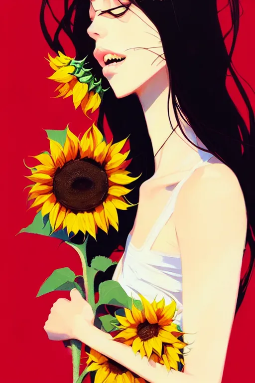 Image similar to a ultradetailed beautiful panting of a stylish woman holding a sunflower, by conrad roset, greg rutkowski and makoto shinkai, trending on artstation