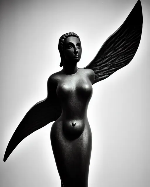 Image similar to surreal mythical dreamy dark artistic black and white fine art photo of a monumental wax sculpture of a female, orchid, bird, cybor