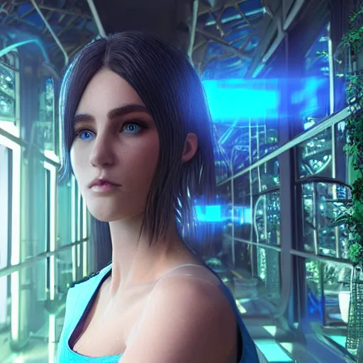 Image similar to “hyperrealistic ultra detailed unreal engine 5 RTX raytracing nvidia hairworks render of portrait of the most beautiful girl with blue eyes. She is in heavens cyberpunk city greenhouse. futuristic. cinematic. very high detailed. By Charli Amani. By Tsubasa Nakai ”