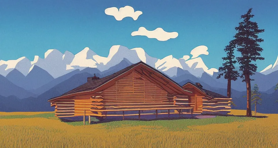 Image similar to log cabin beneath the alps, lofi art style, hiroshi nagai