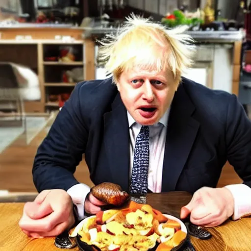 Prompt: Boris Johnson eating a cockeril that looks like it is alive, photogenic, hyper realistic