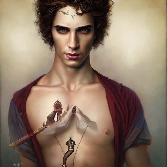 Image similar to portrait of a handsome male genie, art by tom bagshaw and paul cadmus and george quaintance