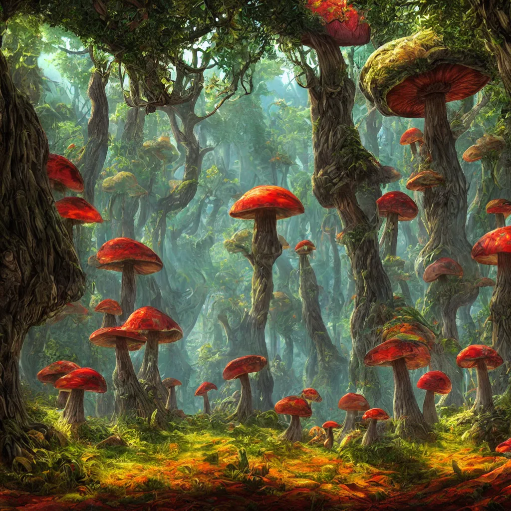 Image similar to bright, colorful, realistic, detailed from Elder Scrolls: shivering isles concept mania mushroom forest realm of madnessa portrait backlighting, kodachrome, high contrast, highly detailed, sharp focus, digital painting, concept art, illustration, trending on artstation, comic book by Alex Ross and Adam Adamowicz cover art