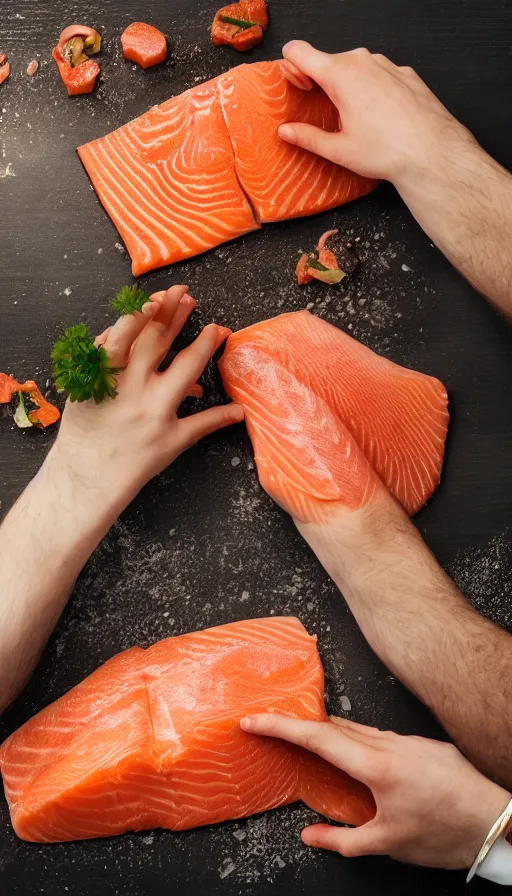 Prompt: lovely afternoon dappled sunlight photograph: top down view of two hands preparing salmon glowing with projection-mapped glowing ruler lines notating the meat volume like a graduated cylinder, slicing a cut of salmon, laser projector shining a bright line of a glowing hologram notation of where to cut