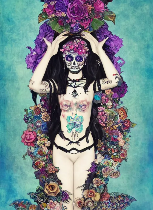 Image similar to cute punk goth fashion fractal Día de los Muertos tattoed girl posing by Zhang Jingna, poster art by Hannah Höch Victor Moscoso Dan Mumford Kilian Eng Hannah Jeffrey Smith Rick Griffin Alphonse Mucha Gustav Klimt Ayami Kojima Amano Charlie Bowater, violet and black