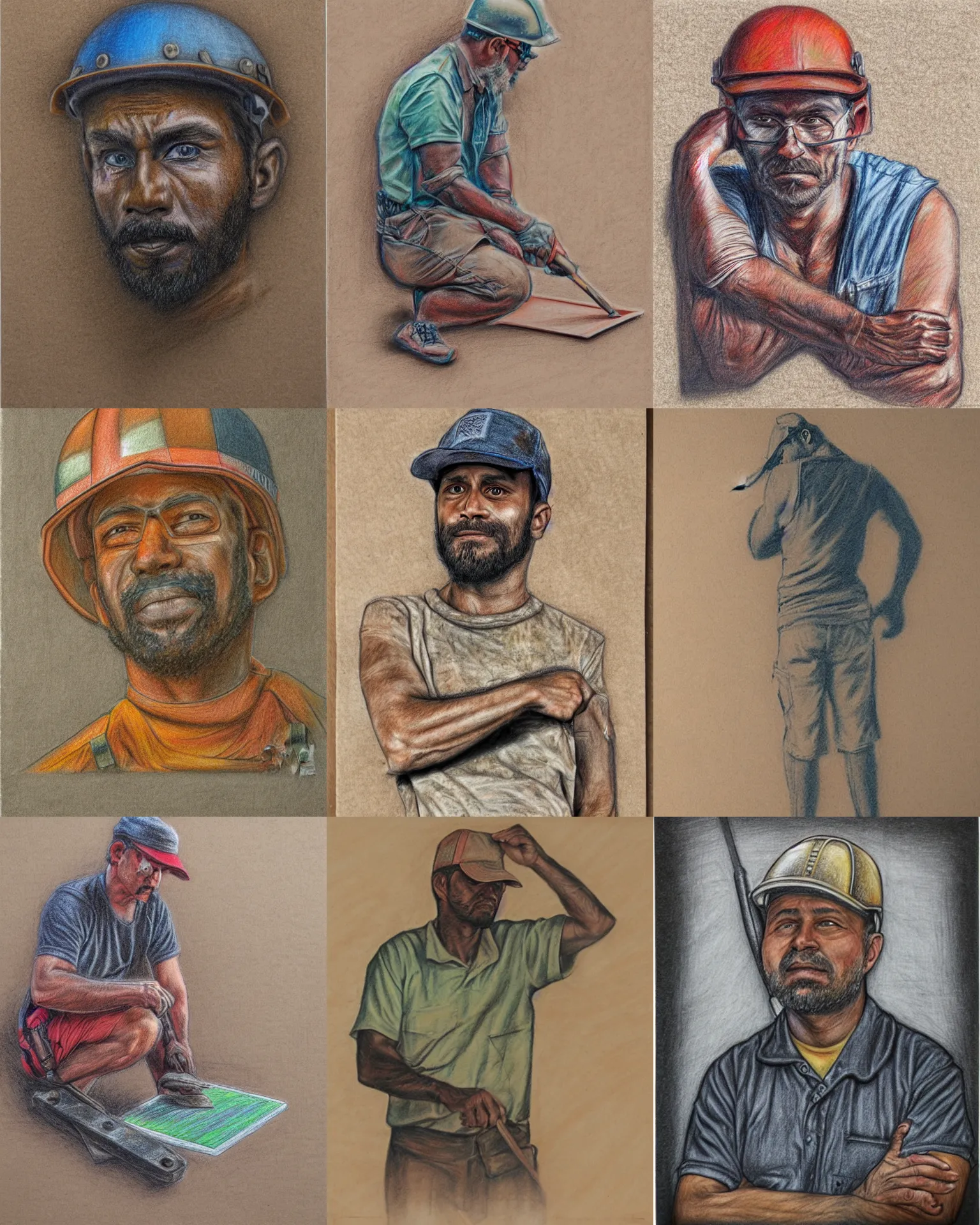 Prompt: a colored chalk drawing on toned paper, steel worker, by glenn vilppu