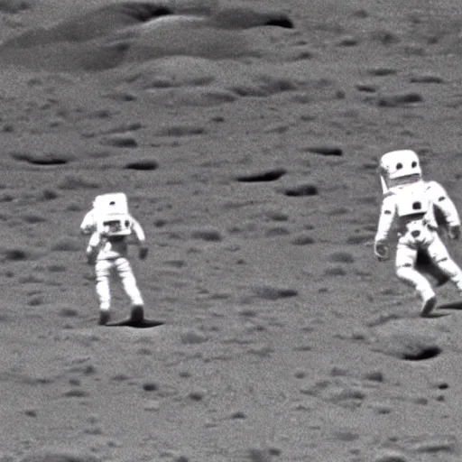 Image similar to apollo 11 footage of the spacemen fighting a green humanoid alien running away from them on the moon, it is filmed by a shaky camera.