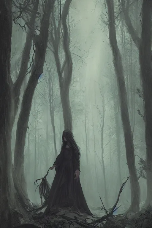 Image similar to Witch coven in the forest, horror, illustrated by Greg Rutkowski and Caspar David Friedrich., Trending on artstation, artstationHD, artstationHQ, 4k, 8k