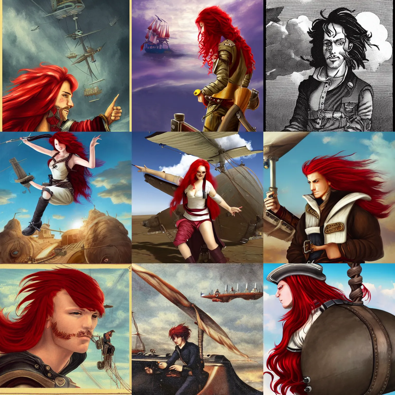 Prompt: A sky-pirate with long red hair on his airship