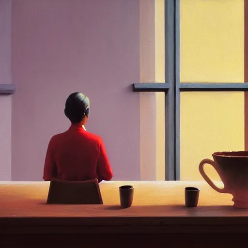 Image similar to Jesus Christ drinking coffee at a Starbucks, Masterpiece, Edward Hopper and James Gilleard, Zdzislaw Beksinski, Mark Ryden, Wolfgang Lettl, hints of Yayoi Kasuma, octane render, 8k.