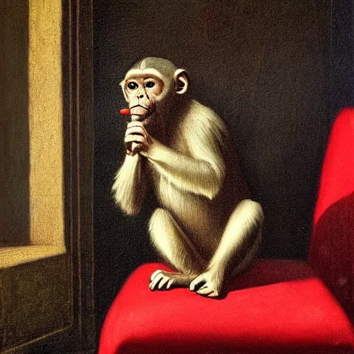 Image similar to renaissance painting of a monkey wearing a suit sitting in a red chair, smoke, dramatic