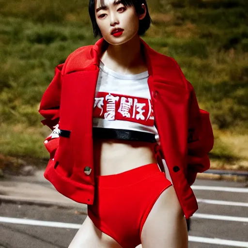 Prompt: suzu Hirose wearing crop red gym top with white lettering, cropped red yoga short, V magazine editorial by Mario Testino, masterwork