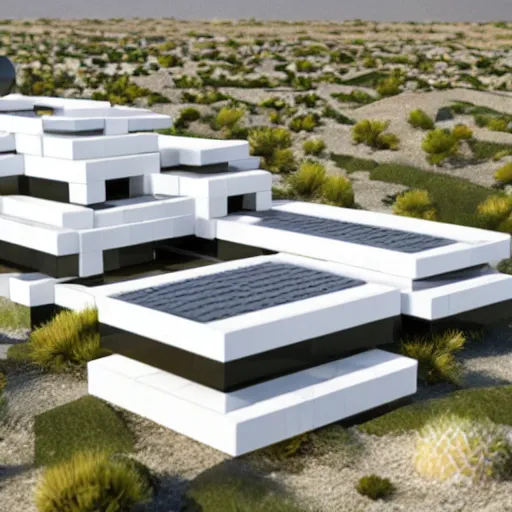 Prompt: white habitat 6 7, lego architect building in the dessert, many plants and infinite pool