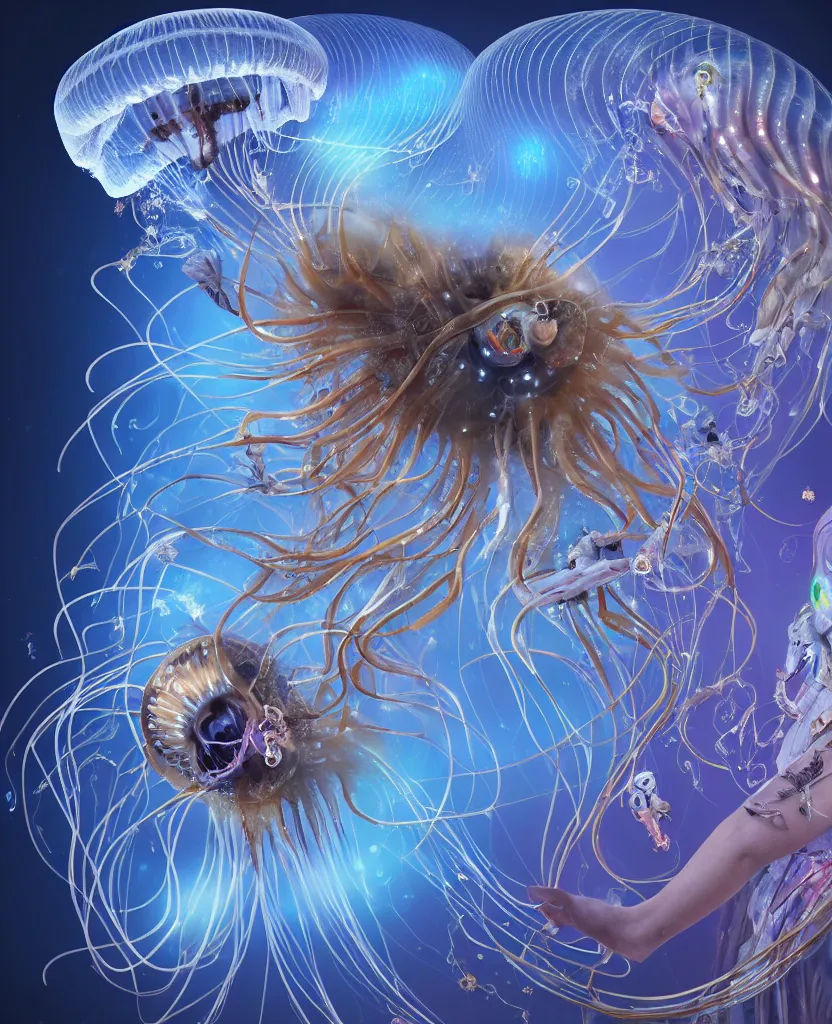 Image similar to close-up portrait of the face of a beautiful princess in a twisted flowers jellyfish mask in a spaceman suit surrounded by energy flow, epic angle and pose, symmetrical artwork, 3d with depth of field, blurred background, floating jellyfish skull phoenix bird, translucent, nautilus, energy flows of water and fire. a highly detailed epic cinematic concept art CG render. made in Maya, Blender and Photoshop, octane render, excellent composition, cinematic dystopian brutalist atmosphere, dynamic dramatic cinematic lighting, aesthetic, very inspirational, arthouse. y Greg Rutkowski, Ilya Kuvshinov, WLOP, Stanley Artgerm Lau, Ruan Jia and Fenghua Zhong