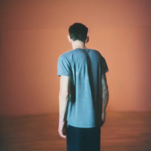 Image similar to kodak portra 4 0 0 photograph of a skinny guy standing in a room with floor to ceiling screens, back view, moody lighting, telephoto, 9 0 s vibe, blurry background, vaporwave colors!, faded!,