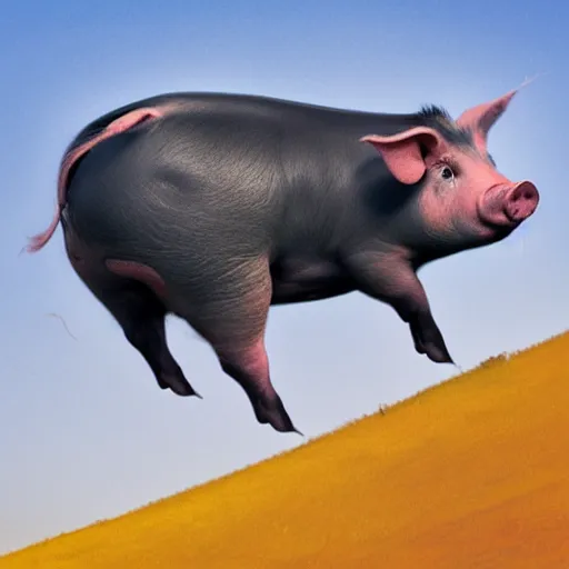 Prompt: a dramatic pig flying in the blue cloudy sky