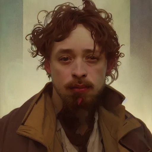 Image similar to Sam Hyde smoking a cigarette, portrait art by alphonse mucha and greg rutkowski, highly detailed, digital painting, concept art, illustration, dim lighting with twilight rays of sunlight, trending on artstation, very detailed, smooth, sharp focus, octane render