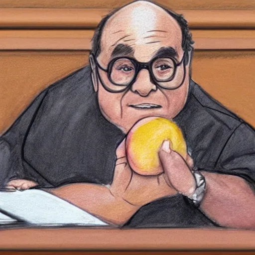 Image similar to courtroom sketch of danny devito eating a peach, high quality, high resolution