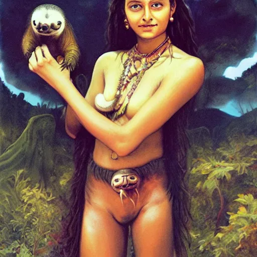 Image similar to a cottagecore beautiful young indian witch holding a cute sloth, highly detailed, masterpiece, illustrated, art by boris vallejo