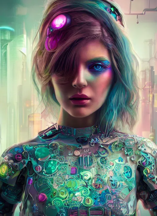 Image similar to detailed realistic full body colorful pastel painting of a cyberpunk female in intricate clothing, beautiful face, elegant pose, fantasy, illustration, insanely detailed and intricate, octane render, 4k