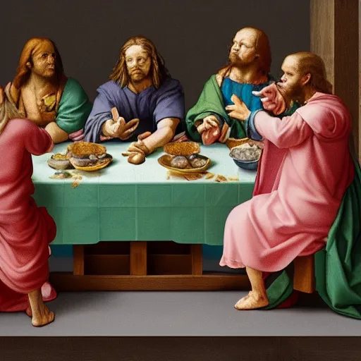 Image similar to pikachu and jigglypuff recreate da vinci's last supper, photorealistic, detailed image, 4 k