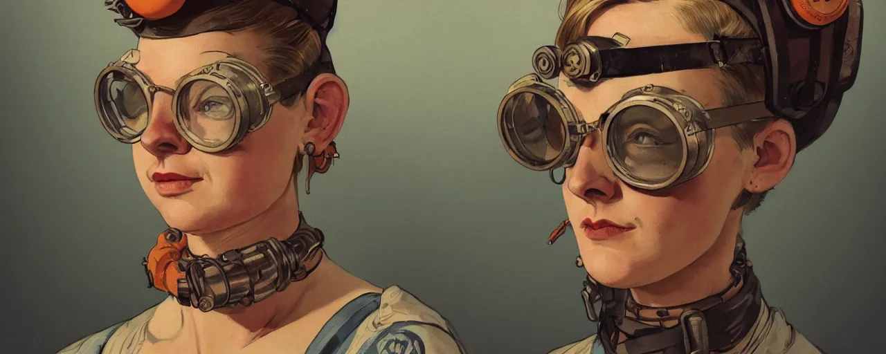 Image similar to vintage illustration 3 / 4 portrait of stoic tattooed heroic emotionless butch blonde woman engineer with short slicked - back hair, wearing victorian goggles, dirty orange bandana around neck, awkward and uncomfortable and anxious, dynamic composition by sachin teng and sergey kolesov and ron cobb. industrial space program, scifi, hyper detailed. octane render. concept art. trending on artstation