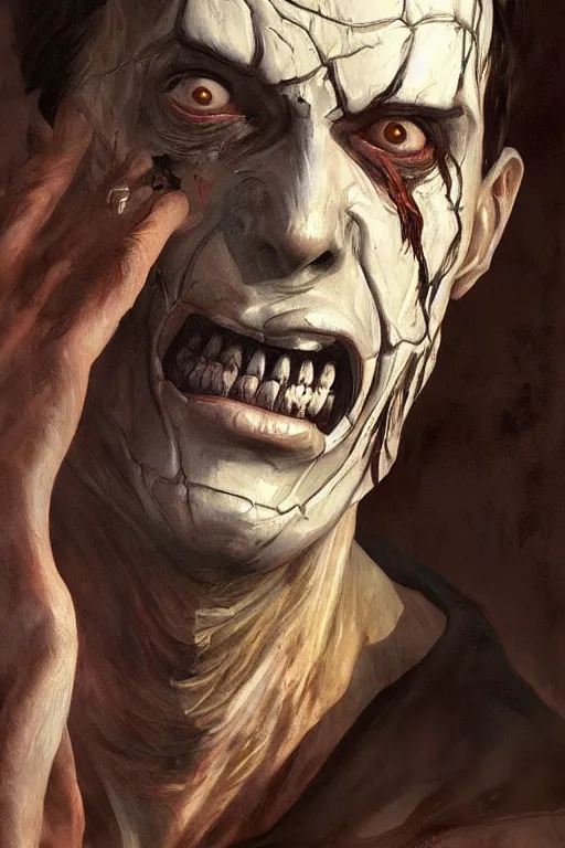 Image similar to beautiful clean oil painting of legion from dbd dead by daylight, portrait study by bernie wrightson, detailed, stunning, realistic