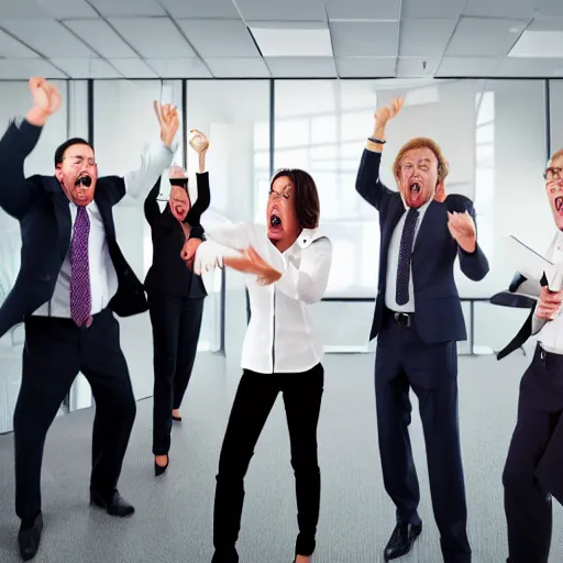 Image similar to cool business people freaking out at work, screaming yelling, throwing things. high resolution color magazine candid photograph.