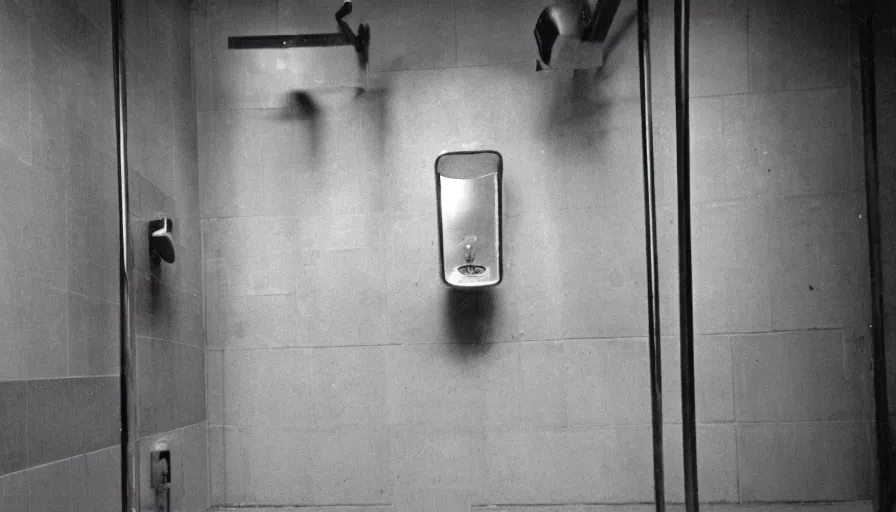 Prompt: 60s movie still of empty public shower, cinestill 800t 50mm eastmancolor, liminal Space style, heavy grain-s 150