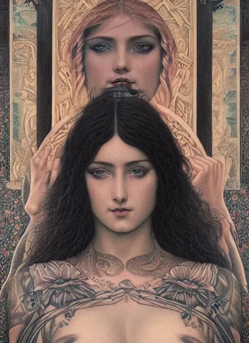 Prompt: beautiful enlightened cult magic psychic woman with tattoos, tattooed skin, oil painting, robe, symmetrical face, greek dark ritual myth, by john william godward and anna dittman, masterpiece