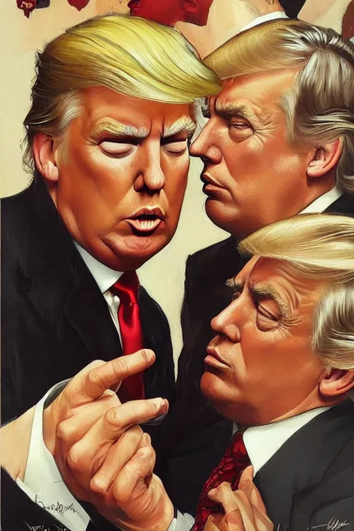 Image similar to donald trump and jeffrey epstein, painting by jc leyendecker!! phil hale!, angular, brush strokes, painterly, vintage, crisp